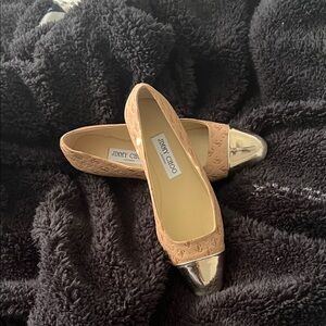 Jimmy Choo Tan and Silver Flats